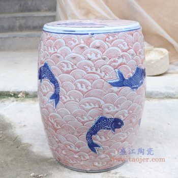 RYLU178-A 景德镇陶瓷 青花釉里红海水龙纹陶瓷凳