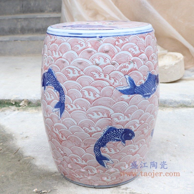 RYLU178-A 盛江陶瓷 青花釉里红海水龙纹陶瓷凳