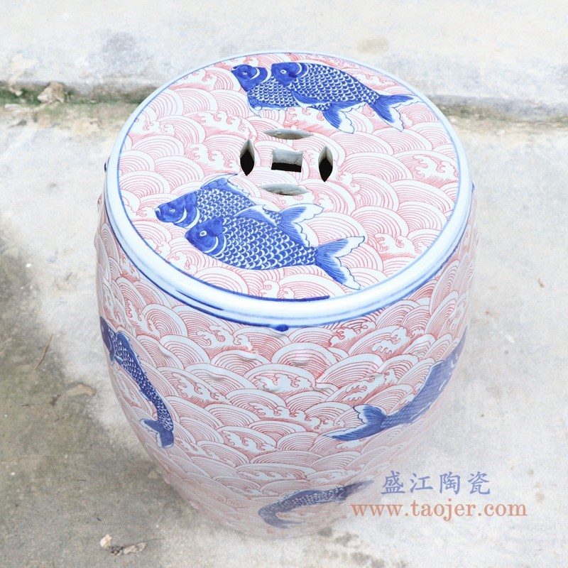 RYLU178-A 盛江陶瓷 青花釉里红海水龙纹陶瓷凳