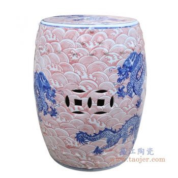 RYLU178-B 景德镇陶瓷 青花釉里红海水龙纹陶瓷凳