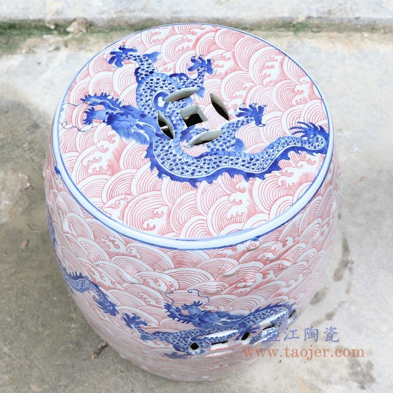 RYLU178-B 盛江陶瓷 青花釉里红海水龙纹陶瓷凳