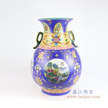 RYLW17 景德镇陶瓷 中式摆件粉彩鎏金双耳开坛花瓶