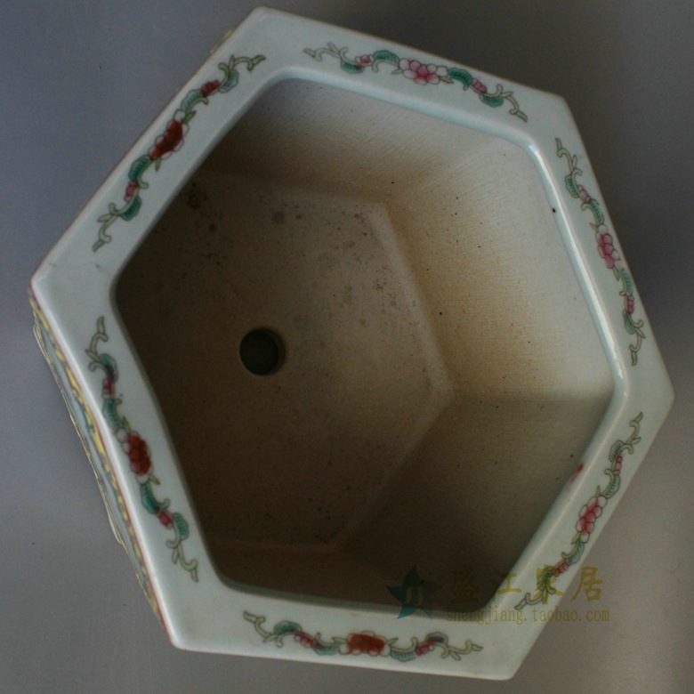 RYSZ10 盛江陶瓷 仿古手绘粉彩花鸟六角花盆