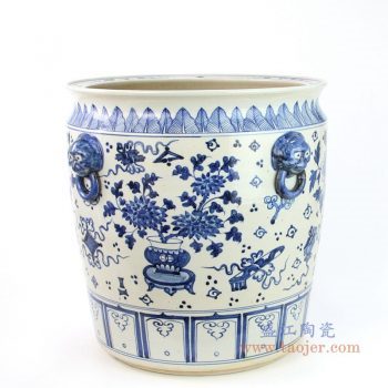RZFH02-C 景德镇陶瓷 手绘青花花卉纹双耳金鱼缸