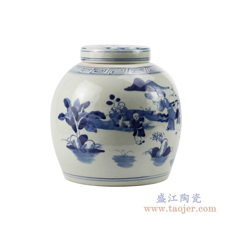 RZFZ01-L 盛江陶瓷 青花手绘婴戏图纹茶叶罐