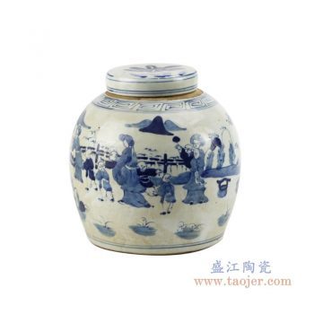 RZFZ01-L 景德镇陶瓷 青花手绘婴戏图纹茶叶罐
