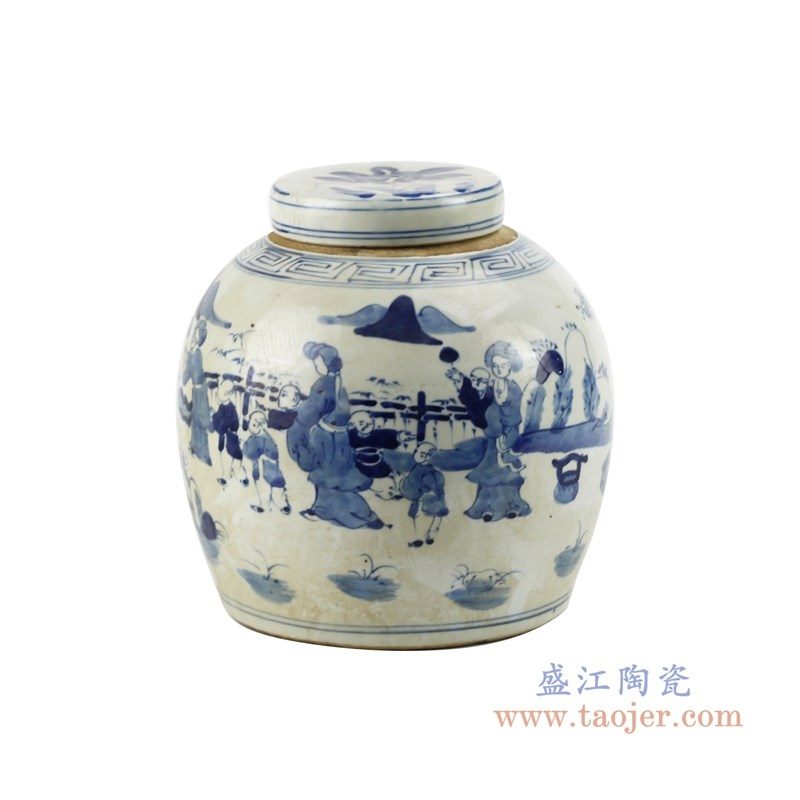RZFZ01-L 盛江陶瓷 青花手绘婴戏图纹茶叶罐