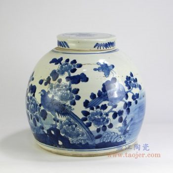 RZFZ05-M 景德镇陶瓷 仿古做旧青花花鸟茶叶罐