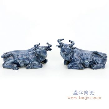 RZGA03 景德镇陶瓷 青釉雕塑水牛卧牛一对摆件