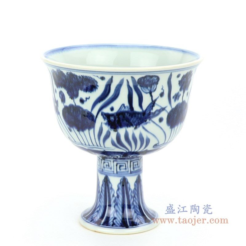 RZHL28-B 盛江陶瓷 大明宣德年制 青花鱼藻纹高脚碗