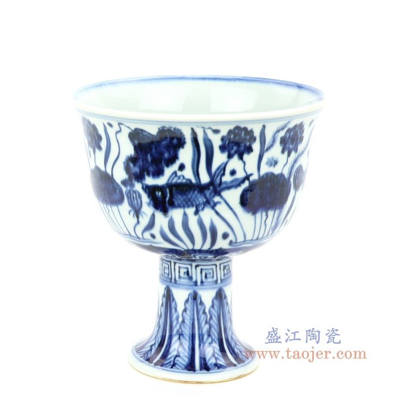 RZHL28-B 盛江陶瓷 大明宣德年制 青花鱼藻纹高脚碗