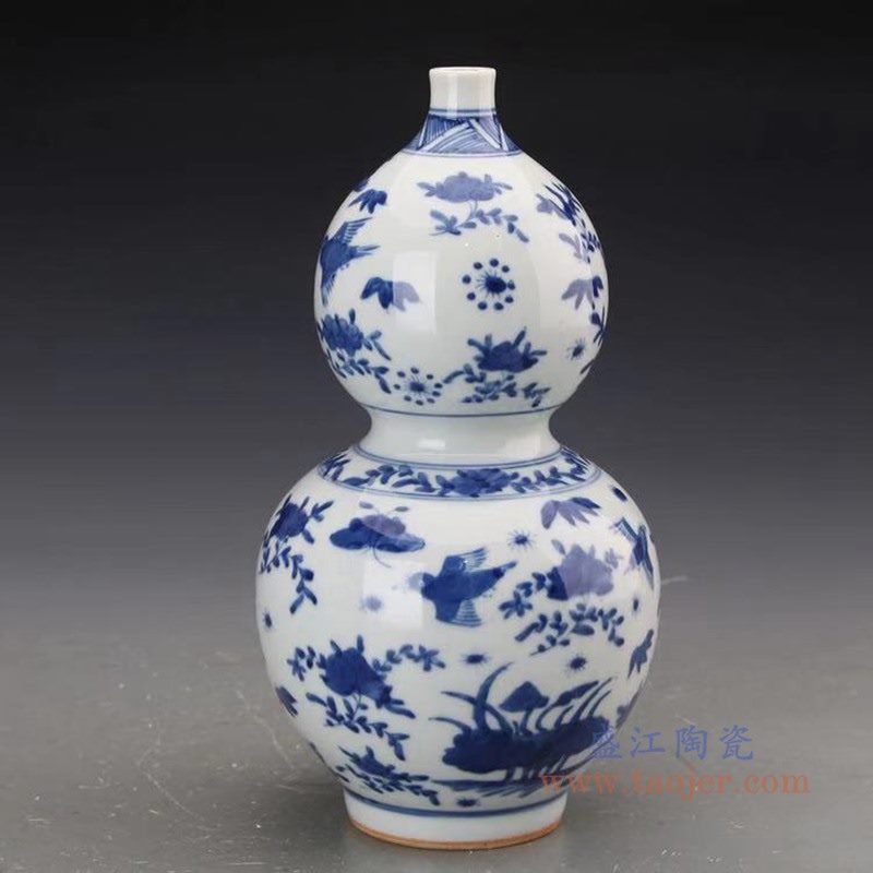 RZJI06 盛江陶瓷 手绘青花花鸟纹葫芦赏瓶花瓶