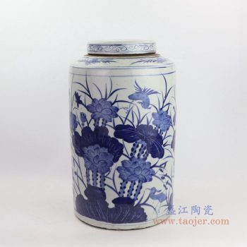 RZKT02-D 景德镇陶瓷 青花荷花带盖茶叶罐