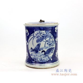RZKT22 景德镇陶瓷 青花荷花山水茶叶罐