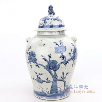 RZMV34-D 景德镇陶瓷 仿古做旧手绘青花树木狮子头盖瓷罐储物罐