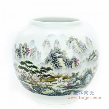 RZPL01 景德镇陶瓷 粉彩山水小缸花瓶无盖陶瓷罐