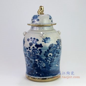 RZEY12-L-B 景德镇陶瓷 仿古做旧狮子头镀金花鸟将军罐
