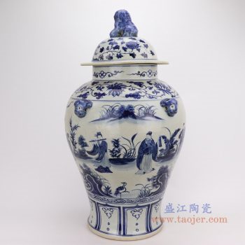 RZFH08-B 景德镇陶瓷 手绘青花人物花鸟狮子头将军罐