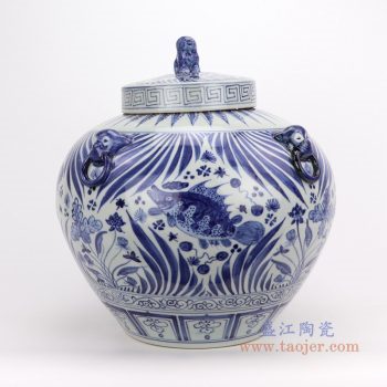 RZFH16-B 景德镇陶瓷 元青花手绘荷花鱼藻纹罐