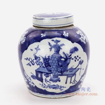 RZKT04-K 景德镇陶瓷 清青花开窗博古纹冰梅盖罐明罐