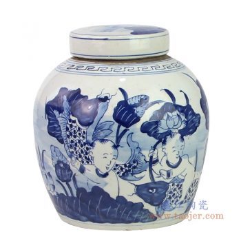 RZKT04-N 景德镇陶瓷 清代手工绘画青花富贵鱼盖罐
