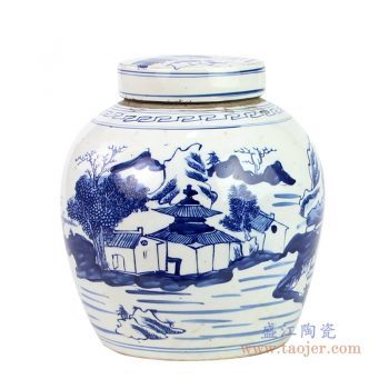 RZKT04-Q-1603G 景德镇陶瓷 仿古做旧青花山水图大罐茶叶罐