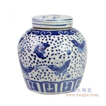 RZKT04-T-1603K 景德镇陶瓷 仿古做旧手绘青花蝴蝶图纹茶叶罐