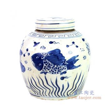RZKT04-o-1603B 景德镇陶瓷 手绘仿元代青花鱼藻纹茶叶罐