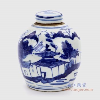 RZKT10-H 景德镇陶瓷 仿古做旧青花山水图大罐茶叶罐