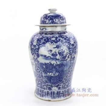 RZKT24-B 景德镇陶瓷 青花手绘人物缠枝莲将军罐