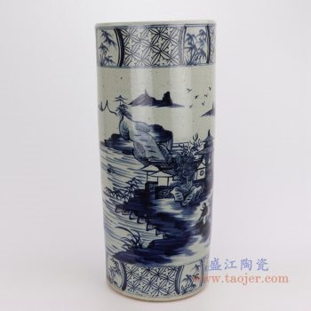 RZPJ08 景德镇陶瓷 仿古做旧青花山水人物花鸟箭筒