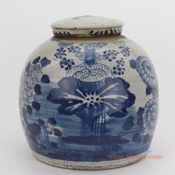 RZEY03-L-G-大号 景德镇陶瓷 仿古做旧青花荷花茶叶罐