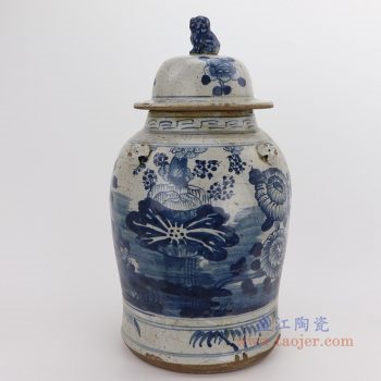 RZEY12-M-SMALL 景德镇陶瓷 仿古做旧荷花图纹狮子头将军罐