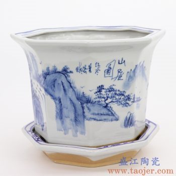 RZQM04-A 景德镇陶瓷 手绘青花山水中式六方花盆