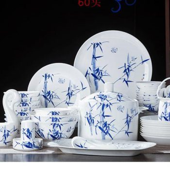 ZPK285 景德镇陶瓷 碗碟盘青花餐具手绘竹报平安桂鱼山水60头陶瓷餐具套装