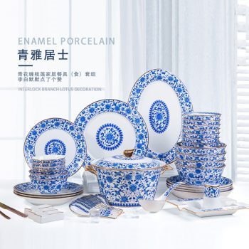 ZPK266 景德镇陶瓷中欧式现代金边珐琅彩碗盘碟套装家用组合76头清雅居士