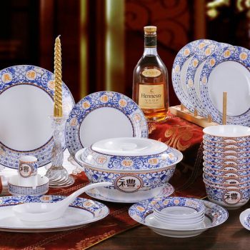 CJ21-RYDI62 景德镇陶瓷套装餐具 青花仁义礼智信图文56头骨瓷餐具