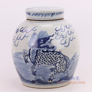 RZMV36-J-E景德镇陶瓷 仿古做旧青花麒麟缠枝莲茶叶罐