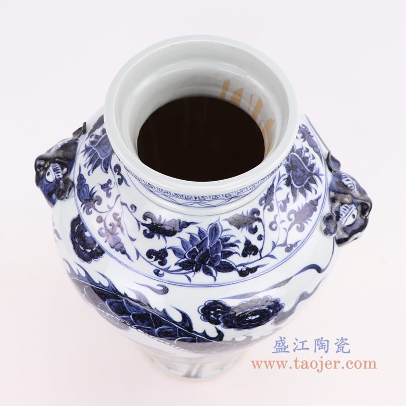 RZQo01 盛江陶瓷 仿古做旧青花狮子纹花瓶摆件