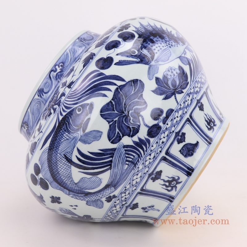 RZQo10 盛江陶瓷 仿古做旧青花荷花鲤鱼鱼纹大罐