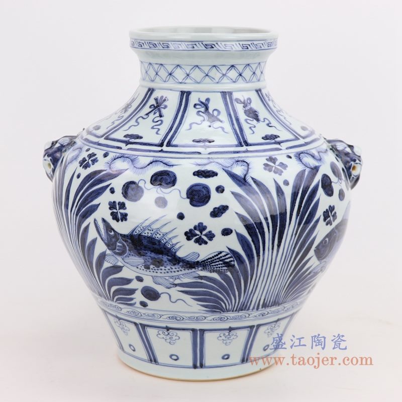 RZQo11 盛江陶瓷 仿古做旧青花海藻文鲤鱼鱼纹大罐