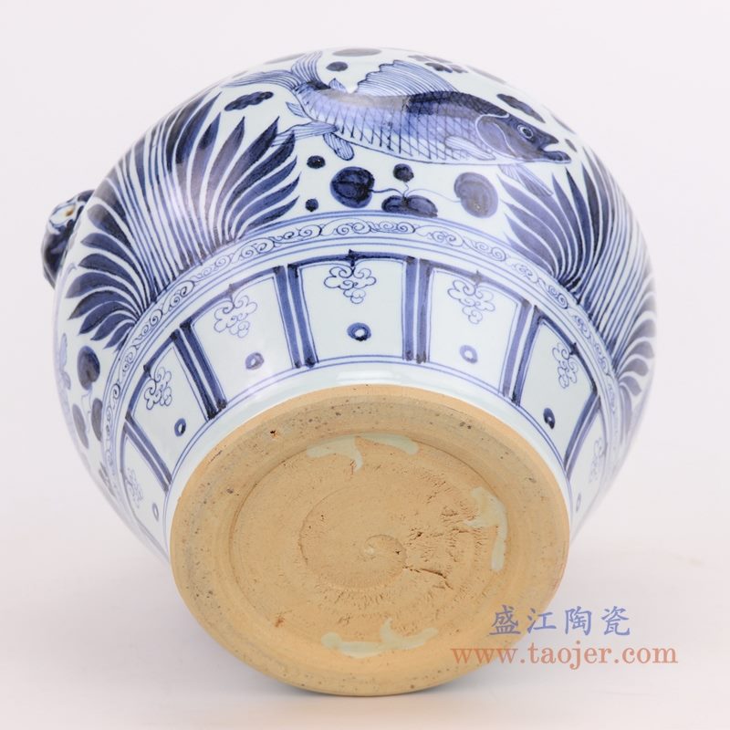 RZQo11 盛江陶瓷 仿古做旧青花海藻文鲤鱼鱼纹大罐