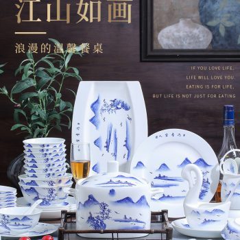 ZPK-257 景德镇陶瓷 骨瓷餐具中式家用微波炉可用碗碟套装60头江山如画