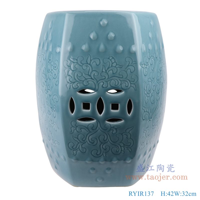 RYIR137 影青浅蓝雕刻陶瓷凳子 纯白图