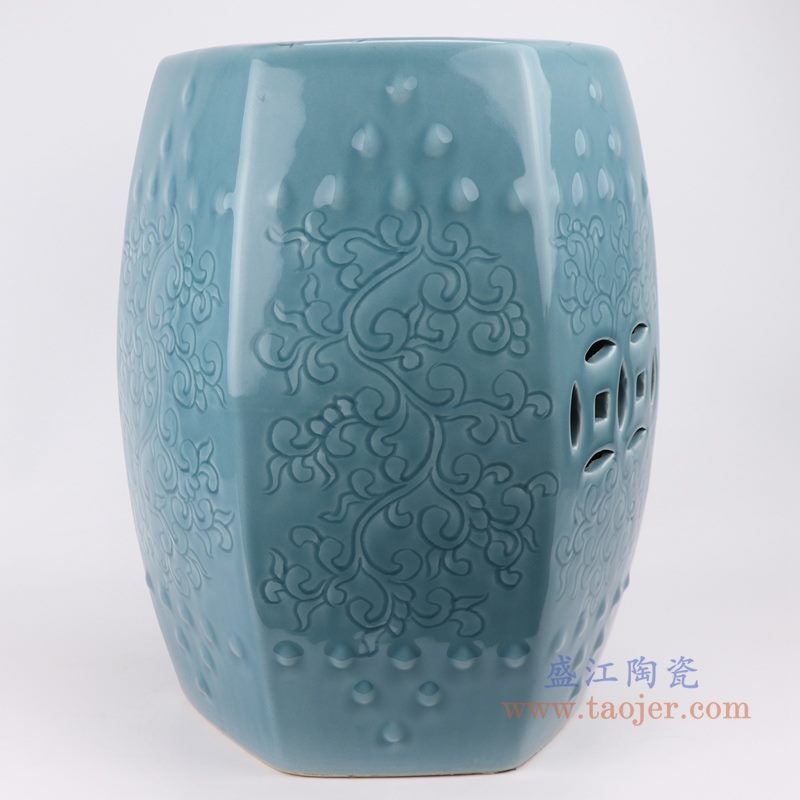 RYIR137 影青浅蓝雕刻陶瓷凳子 正面图