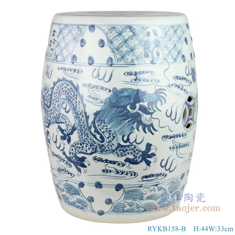 手绘青花龙纹陶瓷鼓钉鼓凳 纯白图