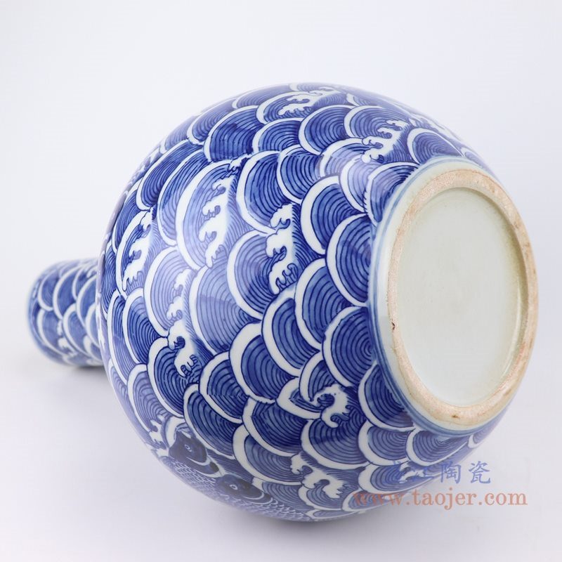 仿古 手绘 青花海水鱼纹天球瓶
