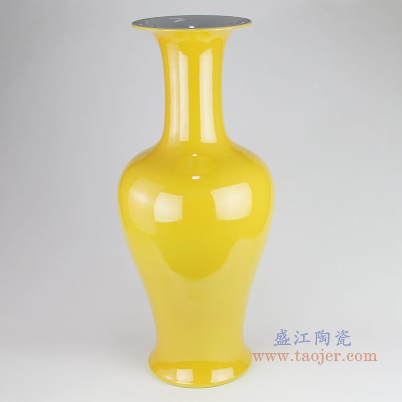 仿古姜黄颜色釉纯黄色陶瓷花瓶长颈瓶