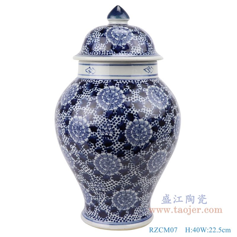 RZCM07 仿古青花手绘缠枝菊花将军罐 正面图
