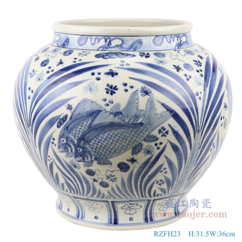 RZFH23 仿古青花 手绘鱼藻纹大罐 正面图